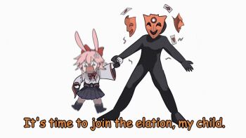 1girl aha_(honkai:_star_rail) androgynous animal_ears animated animated_gif bow commentary darnuks english_commentary evanescia_(honkai:_star_rail) fox_ears fox_girl holding_hands honkai:_star_rail honkai_(series) open_mouth pantyhose pink_hair planet red_bow shirt sidelocks simple_background skirt too_many_hands too_many_masks yaoshi_(honkai:_star_rail)
