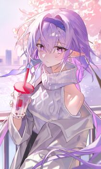 1girl absurdres blue_hairband breasts bright_pupils brown_coat bubble_tea building castorice_(honkai:_star_rail) castorice_(luckin_coffee)_(honkai:_star_rail) cherry_blossoms closed_mouth clothing_cutout coat commentary cup disposable_cup drinking_glass drinking_straw earrings hair_between_eyes hairband highres holding holding_cup honkai:_star_rail honkai_(series) huya_(huy4_53) jewelry long_hair looking_at_viewer low_twintails medium_breasts official_alternate_costume outdoors pointy_ears purple_eyes purple_hair railing shoulder_cutout single_bare_shoulder single_off_shoulder solo sweater twintails untranslatable_commentary upper_body very_long_hair water white_sweater