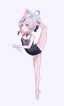 1girl athletic_leotard ballerina ballet ballet_class_clothes ballet_slippers black_leotard blue_archive blush breasts brown_eyes covered_navel female_focus flexible full_body fymrie grey_background grey_hair hair_bun halo highres holding_leg kneepits kokona_(blue_archive) leg_hold leg_lift leg_up legs leotard loli long_hair multicolored_hair pantyhose pink_shoes shoes simple_background small_breasts solo split standing standing_on_one_leg standing_split streaked_hair thighs tiptoes white_pantyhose