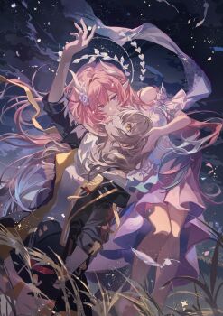 Rule 34 | 2girls, arm up, armlet, bare shoulders, black jacket, black skirt, breasts, closed mouth, commentary, cyrene (demiurge) (honkai: star rail), cyrene (honkai: star rail), dress, english commentary, flower, grey hair, hair flower, hair intakes, hair ornament, highres, honkai: star rail, honkai (series), jacket, jewelry, long hair, looking at another, medium breasts, multiple girls, pointy ears, purple eyes, purple flower, purple rose, rose, shirt, skirt, smile, stelle (honkai: star rail), trailblazer (honkai: star rail), white dress, white shirt, yellow eyes, zerotabi1210