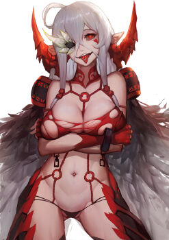 1girl ahoge bare_shoulders breast_hold breasts cleavage collarbone commentary_request crossed_arms feather_hair female_focus fingerless_gloves gloves gods_(1073337800) highres horns large_breasts long_hair missing_eye navel open_mouth original piercing pointy_ears red_eyes red_gloves rope seven_deadly_sins shibari silver_hair slit_pupils smile solo standing tongue tongue_out tongue_piercing torn_clothes very_long_hair