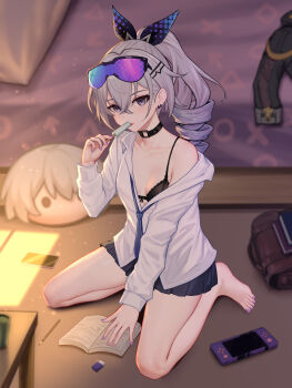 1girl absurdres barefoot black_bra black_choker black_skirt blue_necktie book bra breasts choker collarbone commentary_request drill_hair eraser eyewear_on_head food full_body goggles grey_eyes grey_hair hair_between_eyes hand_up handheld_game_console highres holding holding_food holding_popsicle honkai:_star_rail honkai_(series) indoors large_variant_set long_hair long_sleeves looking_at_viewer necktie open_book parted_lips partially_unbuttoned pencil pleated_skirt popsicle purple_hair seiza shirt silver_wolf_(honkai:_star_rail) single_bare_shoulder single_off_shoulder sitting skirt small_breasts solo underwear variant_set white_shirt yunkaiming