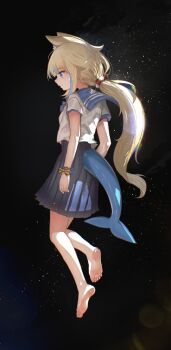 1girl absurdres advarcher animal_ears bare_legs bare_shoulders barefoot black_background blonde_hair blue_eyes blue_hair blue_skirt cat_ears commentary feet fins fish_tail full_body highres indie_virtual_youtuber lifebuoy_hair_ornament light_smile long_hair multicolored_hair pleated_skirt ponytail sameko_saba shirt short_sleeves simple_background skirt soles solo streaked_hair tail toes two-tone_hair very_long_hair virtual_youtuber white_shirt wrist_bow