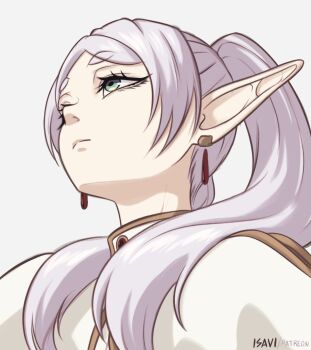 1girl artist_name capelet earrings elf expressionless eyelashes frieren gold_trim green_eyes grey_hair hair_over_shoulder highres isavi jewelry long_hair long_pointy_ears parted_bangs patreon_username pointy_ears simple_background solo sousou_no_frieren teardrop_earrings thick_eyebrows twintails twitter_username upward_angle_frieren_drawing white_background white_capelet