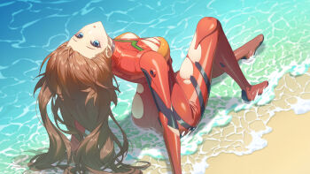 1girl arched_back arm_support ass beach blue_eyes bodysuit breasts brown_hair curvy from_above full_body head_back highres interface_headset_(evangelion) large_breasts long_hair looking_at_viewer looking_up mecha_pilot_suit neon_genesis_evangelion open_mouth outdoors plugsuit_(evangelion) red_bodysuit shiny_skin sitting solo souryuu_asuka_langley stupid_goose_man torn_bodysuit torn_clothes water wide_hips