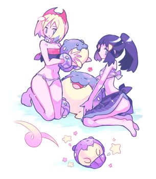 2girls :o akari_(pokemon) alternate_color alternate_costume bikini black_hair blonde_hair blue_eyes blue_fur chest_sarashi deformed eyelashes fangs fangs_out fuji_den_fujiko full_body gen_3_pokemon grey_eyes hair_between_eyes hairband highres irida_(pokemon) jewelry kneeling long_hair looking_at_viewer multiple_girls neck_ring nintendo open_mouth panties pokemon pokemon_(creature) pokemon_legends:_arceus ponytail purple_fur purple_sarong red_hairband sarashi sarong seal_(animal) shiny_pokemon shirt simple_background spheal strapless strapless_shirt swimsuit underwear white_background white_panties yellow_fur