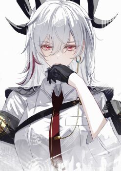 Rule 34 | 1girl, arm pouch, armband, black armband, black gloves, black horns, black jacket, breasts, celly (mogmog 99), chest harness, closed mouth, collared shirt, commentary, curled horns, earrings, gloves, hair between eyes, hand up, harness, hashtag-only commentary, highres, horns, jacket, jacket on shoulders, jewelry, key earrings, large breasts, looking at viewer, medium hair, mole, mole under eye, multicolored hair, necktie, pouch, red eyes, red necktie, shirt, simple background, solo, straight-on, streaked hair, upper body, white background, white hair, white shirt, wuthering waves, zani (wuthering waves)