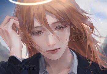 1boy angel angel_devil_(chainsaw_man) bluesky_username chainsaw_man collared_shirt commentary_request eyelashes hair_between_eyes halo jacket korean_commentary lips long_sleeves male_focus seagnalis shirt solo suit_jacket twitter_username white_shirt