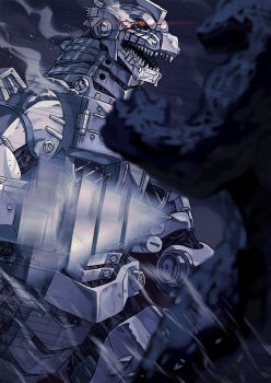 cyborg damaged dinosaur drill drill_hand epic godzilla godzilla:_tokyo_s.o.s. godzilla_(series) highres injury kaiju kiryu_(godzilla) mecha mechagodzilla motion_blur night no_humans one-eyed red_eyes robot sharp_teeth smoke spiral_claw teeth toho type-4_anti-beast_drilling_device weapon yagi2013