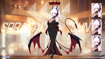 1girl absurdres black_dress black_gloves black_pantyhose black_shoes blue_archive bow breasts character_name cleavage commentary_request demon_girl demon_horns demon_tail demon_wings dress earrings elbow_gloves evening_gown expression_chart full_body gloves hair_between_eyes hair_bow hair_ribbon halo high_heels highres horns jewelry large_breasts long_dress long_hair looking_at_viewer multicolored_halo original pantyhose pointy_ears ponytail red_eyes red_halo ribbon shoes side_slit sidelocks simple_background sleeveless sleeveless_dress solo standing sun_(treeplanting) tachi-e tail teardrop_earrings treeplanting two-tone_halo white_hair wings