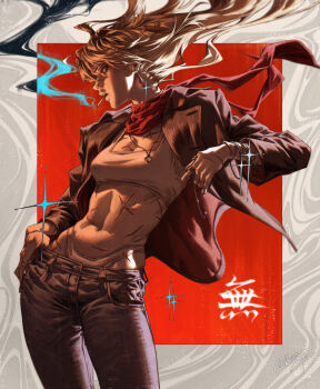 1girl black_pants blonde_hair bracelet breasts brown_jacket chain cigarette color_contrast commentary contrapposto cross_scar crystal_earrings denim earrings floating_hair floating_scarf hand_on_own_hip highleg highleg_panties holding holding_jacket holding_unworn_clothes jacket jeans jewelry leather leather_jacket looking_to_the_side medium_breasts multiple_bracelets multiple_rings multiple_scars navel necklace open_clothes open_jacket original panties pants panty_straps parted_lips profile red_eyes red_scarf ring ring_necklace scar scar_on_chest scar_on_face scar_on_nose scar_on_stomach scarf scars_all_over signature smoke smoke_trail smoking solo sparkle sports_bra too_many underwear unworn_jacket vey3st wavy_hair whale_tail_(clothing)