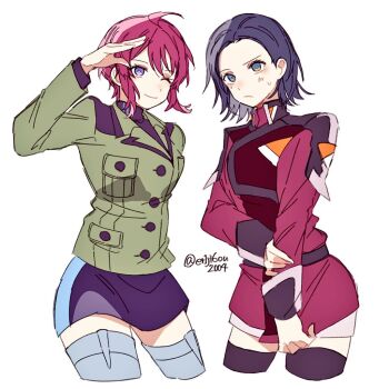 Rule 34 | ahoge, black hair, black thighhighs, blush, breasts, comoli harcourt, comoli harcourt (cosplay), compass uniform, cosplay, costume switch, cropped legs, er1ji6ou2004, forehead, gundam, gundam gquuuuuux, gundam seed, gundam seed freedom, jacket, long sleeves, looking at viewer, lunamaria hawke, lunamaria hawke (cosplay), military, military uniform, mole, mole under eye, multiple boys, multiple girls, purple eyes, purple hair, shirt, short hair, simple background, skirt, smile, solo, thighhighs, white background, yellow eyes, zeon