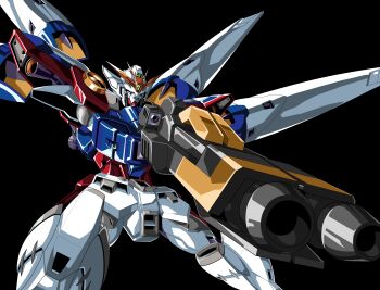 absurdres aiming armor beam_rifle black_background buster_rifle commentary dual_wielding energy_gun green_eyes gundam gundam_wing highres holding holding_weapon kds_(0049) mecha mecha_focus mobile_suit robot thrusters v-fin weapon wing_gundam_zero