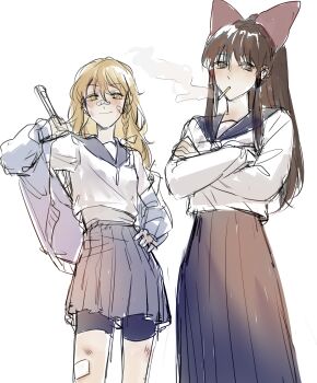 2girls aihara-rina alternate_costume bike_shorts black_shorts blonde_hair blue_sailor_collar blue_skirt bow braid chinese_commentary cigarette commentary_request crossed_arms delinquent hair_bow hair_tubes hakurei_reimu highres kirisame_marisa long_hair long_skirt looking_at_viewer multiple_girls no_headwear pleated_skirt sailor_collar sailor_shirt school_uniform shirt shorts side_braid simple_background single_braid sketch skirt smoking touhou white_background white_bow white_shirt yellow_eyes