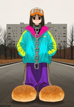 1girl absurdres artist_name azumanga_daiou baseball_cap blank_stare bread building burger chain chain_necklace expressionless food grey_sky hands_in_pockets hat highres jacket jewelry kasuga_ayumu ko-fi_username long_sleeves multicolored_jacket necklace outdoors overcast oversized_clothes oversized_food oversized_object pants road sesame_seeds sky solo surreal track_pants tree twitter_username watashinogovno windbreaker