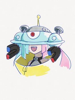 Rule 34 | 1girl, commentary request, gen 4 pokemon, iono (pokemon), magnet, magnezone, nintendo, on head, open mouth, pokemon, pokemon (creature), pokemon on head, pokemon sv, screw, sharp teeth, simple background, smile, teeth, upper teeth only, voda 6od61, white background