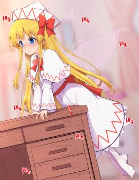 1girl barefoot blonde_hair blue_eyes blush bow crotch_rub desk dress fairy_wings female_masturbation hat highres lily_white masturbation masturbation_through_clothes red_bow solo table_humping teoi_(good_chaos) touhou white_dress wings