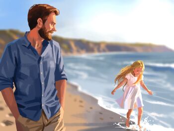 1boy 1girl barefoot beach beard blonde_hair blue_shirt blurry blurry_background brown_pants buttons collared_shirt commentary_request day diana_(pragmata) dress dress_shirt eyelashes facial_hair facing_viewer footprints full_beard hands_in_pockets highres hugh_williams kanasaki_taisuke long_hair looking_at_another looking_to_the_side ocean outdoors pants parted_lips pragmata sand shirt short_sleeves sleeves_rolled_up smile splashing turning_head white_dress