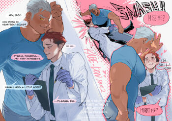 2boys absurdres against_wall bara blank_eyes blush breakdown_(transformers) brown_hair colored_sclera cowboy_shot english_text face_to_pecs facial_hair gloves goatee grey_hair highres humanization kabedon knockout_(transformers) lab_coat large_pectorals loving_aura male_focus mature_male medium_sideburns multiple_boys multiple_views pants pectorals reversible_couple short_hair sideburns sideburns_stubble size_difference smack smirk speech_bubble standing stubble transformers undercut usakomu_(komugiko) yaoi yellow_sclera