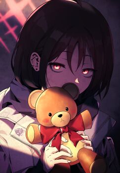 1girl absurdres arius_squad_(blue_archive) bandaged_arm bandaged_neck bandages black_hoodie blue_archive brown_hair coat cs_(connectedskyy) ear_piercing earrings glowing glowing_eyes halo highres hood hoodie jewelry misaki_(blue_archive) piercing red_eyes red_halo short_hair solo stuffed_animal stuffed_toy teddy_bear trench_coat upper_body white_coat