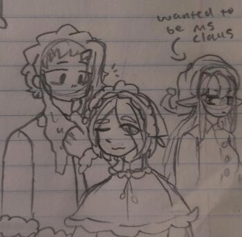 Rule 34 | age difference, annette (isekai shikkaku), christmas, christmas elf, dazai osamu (isekai shikkaku), doodle, elf, height difference, jealous, lined paper, ms.claus, pointy ears, sacchan (isekai shikkaku), santa claus, santa costume, smug