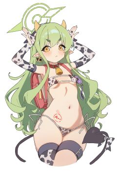 1girl absurdres alternate_costume animal_collar animal_print arms_up backpack bag bell bikini black_gloves black_tail black_thighhighs blue_archive blush bow breasts bridal_gauntlets closed_mouth collar commentary cow_horns cow_print cow_print_bikini cow_print_thighhighs cowbell crime_prevention_buzzer cropped_legs demon_girl demon_tail dot_nose ear_tag earrings elbow_gloves eyepatch_bikini fake_horns fingerless_gloves fingernails frown gloves green_hair green_halo hair_between_eyes hairband halo hands_up highres hikari_(blue_archive) hisi_978 horns jewelry loli long_hair looking_at_viewer navel pointy_ears print_bikini print_thighhighs randoseru red_bag red_collar side-tie_bikini_bottom sidelocks simple_background single_thighhigh skindentation small_breasts solo standing straight_hair swimsuit tail tail_bow tail_ornament thick_eyebrows thigh_strap thighhighs thighs v-shaped_eyebrows very_long_hair white_background white_gloves white_hairband white_thighhighs yellow_eyes zettai_ryouiki