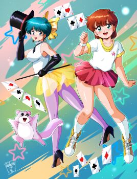 Rule 34 | 1980s (style), 2girls, ace (playing card), ace of clubs, ace of diamonds, ace of hearts, ace of spades, aqua eyes, aqua hair, black gloves, black hat, blue eyes, bow, breasts, brown hair, card, club (shape), danmakuman, diamond (shape), dual persona, earrings, elbow gloves, full body, gloves, hat, heart, high heels, highres, holding, holding wand, jewelry, kazuki mai, looking at viewer, magical emi, magical girl, magician, mahou no star magical emi, miniskirt, multiple girls, oldschool, open mouth, pantyhose, playing card, purple pantyhose, red skirt, retro artstyle, shirt, short hair, showgirl skirt, skirt, sleeveless, sleeveless shirt, smile, socks, spade (shape), squirrel, thighs, top hat, topo (magical emi), wand, white shirt, white socks, yellow bow, yellow skirt