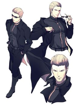 Rule 34 | 1boy, absurdres, albert wesker, black coat, black shirt, blonde hair, boots, chinese commentary, coat, commentary request, full body, hair slicked back, hand in pocket, highres, holding, holding removed eyewear, male focus, multiple views, open clothes, open coat, resident evil, resident evil 4, shirt, smirk, sunglasses, tachiarai kuri, unworn eyewear