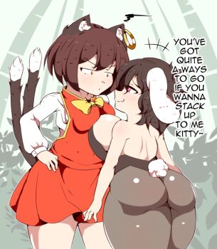 2girls animal_ear_fluff animal_ears ass bamboo bamboo_forest black_hair black_leotard black_pantyhose bow bowtie breast_press breasts brown_hair cat_ears cat_girl cat_tail chen commentary earrings english_commentary english_text forest huge_breasts inaba_tewi jewelry jungleboyayaya leotard long_sleeves multiple_girls multiple_tails nature outdoors pantyhose rabbit_ears rabbit_girl rabbit_tail red_eyes red_skirt short_hair shortstack single_earring skirt squiggle tail touhou two_tails yellow_bow yellow_bowtie