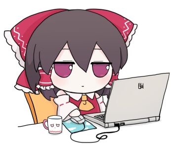 1girl azuma_meri bare_shoulders bow brown_hair chair commentary computer computer_mouse cup detached_sleeves frilled_bow frills fumo_(doll) hair_bow hair_tubes hakurei_reimu laptop mousepad_(object) mug neckerchief nontraditional_miko on_chair red_bow red_ribbon ribbon ribbon-trimmed_sleeves ribbon_trim sitting solo touhou yellow_neckerchief