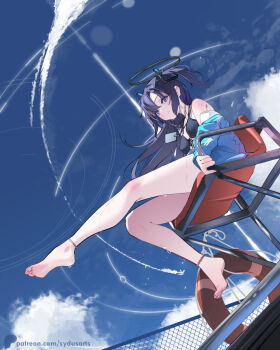 Rule 34 | 1girl, barefoot, blue archive, blue sky, chair, halo, legs, lifeguard, lifeguard chair, long hair, looking at viewer, purple hair, sky, solo, swimsuit, sydus, tube, yuuka (blue archive)