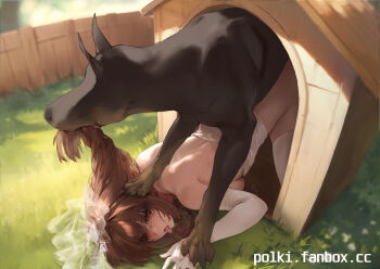 1boy 1girl all_fours belt belt_collar bestiality blurry blurry_background braid braided_ponytail bridal_veil brown_hair collar commentary day dobermann dog elbow_gloves english_commentary fence gloves grabbing_another's_hair grass highres holding_another's_hair interspecies kennel_(animal) long_hair original outdoors paid_reward_available polki red_belt red_eyes sex sex_from_behind thighhighs tongue tongue_out top-down_bottom-up veil white_gloves white_thighhighs wooden_fence