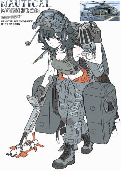 Rule 34 | aircraft, bare shoulders, blackd09, boots, breasts, ch-53, gloves, green hair, green shirt, grey boots, grey eyes, grey gloves, grey pants, helicopter, highres, humanization, large breasts, navel, original, pants, personification, shirt, simple background, white background