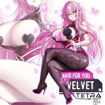 1girl blush breasts bug butterfly character_name cleavage clipboard commentary crossed_legs dress duster english_text flower goddess_of_victory:_nikke green_eyes hair_flower hair_ornament heart_pasties high_heels highres holding holding_clipboard holding_duster huge_breasts insect long_hair looking_at_viewer mole mole_on_breast mole_under_eye pantyhose parted_lips pasties pink_hair pink_rope print_pantyhose red_dress rope sevie sitting thick_thighs thighs velvet_(nikke) white_dress white_wrist_cuffs wrist_cuffs zoom_layer