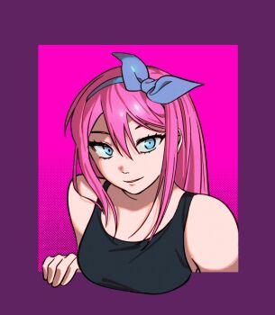 1girl aubrey_(faraway)_(omori) aubrey_(omori) bare_shoulders black_tank_top blue_eyes blue_hairband border bow_hairband breasts bu3hgg double-parted_bangs film_grain from_above grin hair_between_eyes hairband halftone halftone_background hand_up highres long_hair looking_at_viewer omori pink_background pink_hair portrait purple_border sidelocks simple_background small_breasts smile solo straight_hair tank_top