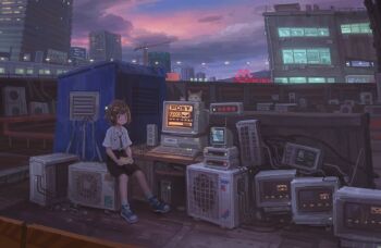 1girl black_skirt blue_shoes building cable cat cloud cloudy_sky commentary computer computer_keyboard converse crt english_commentary evening hair_ornament hairclip highres holding holding_letter letter monitor necktie original radio_antenna rooftop shanchi shirt shirt_tucked_in shoes short_sleeves sitting skirt sky socks solo white_shirt