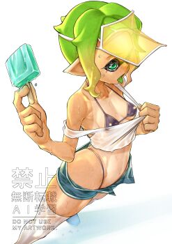 1girl armpits bikini black_bikini breasts clothes_pull colored_tongue emit_x food from_above from_side green_eyes green_hair green_tongue highres holding holding_food holding_popsicle inkling_girl inkling_player_character looking_ahead medium_hair navel nintendo open_fly open_mouth pointy_ears popsicle shirt shirt_pull short_shorts shorts simple_background small_breasts solo splatoon_(series) stomach sweat swimsuit tan tanline thighhighs tongue tongue_out variant_set visor_cap white_background white_shirt white_thighhighs