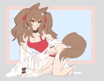 Rule 34 | 1girl, angelina (arknights), angelina (summer flower) (arknights), animal ears, arknights, bilingual commentary, black collar, bracelet, breasts, brown hair, casual one-piece swimsuit, chuguangchen, cleavage, collar, collarbone, commentary, english commentary, fox ears, fox girl, fox tail, full body, grin, hair ribbon, highres, infection monitor (arknights), jewelry, kneeling, long hair, looking at viewer, medium breasts, mixed-language commentary, one-piece swimsuit, original, red one-piece swimsuit, red ribbon, ribbon, sandals, smile, solo, swimsuit, swimsuit cover-up, tail, twintails, white sandals, yellow eyes