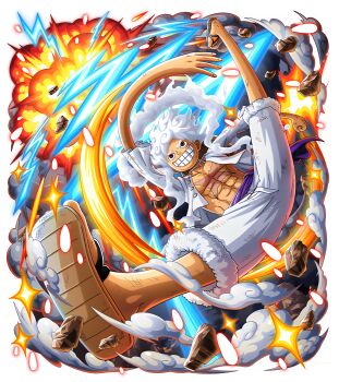 1boy abs attack bodskih cloud_hair electricity explosion full_body gear_fifth grin hat jumping looking_ahead monkey_d._luffy muscular non-web_source official_art one_piece one_piece_treasure_cruise sandals scar scar_on_chest short_hair shorts smile solo straw_hat thunder transparent_background unworn_hat unworn_headwear white_hair