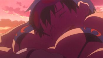 1boy 1girl animated animated_gif anime_screenshot assertive_female bikini blue_hair blush bouncing_breasts breast_smother breasts elbow_gloves embarrassed face_to_breasts gloves goggles goggles_on_head jiggle large_breasts red_hair scarf simon_(ttgl) smile swimsuit tengen_toppa_gurren_lagann yellow_eyes yoko_littner