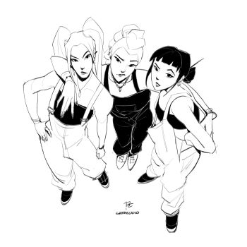 3girls bracelet braid braided_ponytail commentary double_bun earrings full_body gabbiepicasso greyscale hair_bun hand_on_own_hip highres jewelry kpop_demon_hunters looking_at_viewer mira_(kpop_demon_hunters) monochrome multiple_girls necklace overalls rumi_(kpop_demon_hunters) signature twintails zoey_(kpop_demon_hunters)