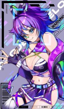 1girl absurdres bikini black_bikini blue_eyes blue_hair breasts cleavage closed_mouth fingerless_gloves gloves gummy_candy_93 highres jacket large_breasts looking_at_viewer medium_hair melody_(projektmelody) melody_(projektmelody)_(summer) multicolored_bikini multicolored_hair pink_hair ponytail purple_gloves purple_hair purple_jacket purple_skirt skirt smile solo swimsuit thigh_strap thighhighs two-tone_bikini two-tone_hair virtual_youtuber vshojo white_bikini white_thighhighs