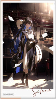 1girl absurdres bag black_bag black_boots black_coat black_gloves black_hair black_hat black_skirt blue_eyes blue_hair boots cello_case character_name closed_mouth coat collar collared_dress colored_inner_hair commentary copyright_name dress english_commentary falling_paper flower_ornament frills full_body gloves hat high-waist_skirt high_heel_boots high_heels highres holding holding_bag holding_paper indoors long_dress long_hair long_sleeves looking_at_viewer multicolored_hair official_art paper pelvic_curtain polaroid_photo punishing:_gray_raven selena_(pgr) shadow sheet_music side_slit skirt sleeves_past_wrists socks solo sparkle stage stairs theater very_long_hair walking white_dress white_socks