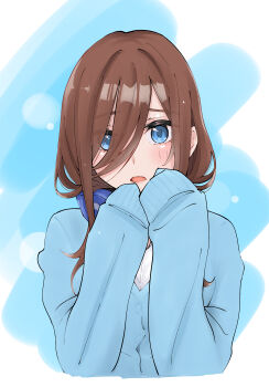 Rule 34 | 1girl, absurdres, blue eyes, blush, brown hair, commentary request, go-toubun no hanayome, hair between eyes, hands up, headphones, headphones around neck, highres, ldeeeeeeeeeejo, long hair, long hair between eyes, looking at viewer, nakano miku, open mouth, school uniform, sleeves past fingers, sleeves past wrists, solo, upper body