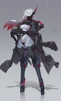 1girl absurdres armor belt echanis_enicha grey_background highres horns humanoid_robot joints long_coat mechanical_legs multicolored_hair no_feet original robot robot_girl robot_joints seams single_horn standing sword two-tone_hair weapon white_hair