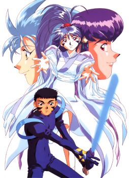 1990s_(style) 1boy 3girls aqua_hair black_hair blue_hair bodysuit brown_eyes energy_sword facial_mark high_ponytail holding holding_sword holding_weapon japanese_clothes kimono long_hair long_sleeves looking_at_viewer masaki_achika masaki_aeka_jurai masaki_tenchi multiple_girls non-web_source official_art outstretched_arms ponytail profile purple_hair red_eyes retro_artstyle ryouko_(tenchi_muyou!) serious short_hair simple_background smile sword tenchi_muyou! tenchi_muyou!_in_love two-handed very_long_hair weapon white_background wide_sleeves yellow_eyes