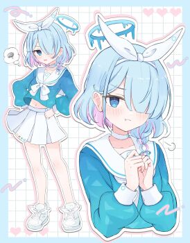 1girl arona_(blue_archive) azuki_(az_my) blue_archive blue_eyes blue_hair blue_halo blue_shirt breasts choker hair_over_one_eye halo highres medium_hair multicolored_hair navel one_eye_covered pink_hair sailor_collar school_uniform serafuku shirt skirt small_breasts thighs two-tone_hair white_choker white_sailor_collar white_skirt