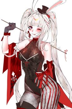 1girl ;p alternate_costume animal_ears black_gloves bow braid breasts cleavage commentary cowboy_shot gloves hat highres honkai:_star_rail honkai_(series) leotard makeup medium_breasts nail_polish one_eye_closed pantyhose playboy_bunny rabbit_ears red_eyes red_streaks sanya_(sanya_lox228) see-through_cleavage see-through_clothes side_braid sleeveless sparkle_(honkai:_star_rail) sparxie_(honkai:_star_rail) thighs tongue tongue_out twintails white_hair