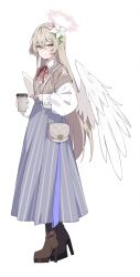 Rule 34 | 1girl, alternate costume, angel wings, bag, baggy clothes, blonde hair, blue archive, blue skirt, boots, brown footwear, closed mouth, collared shirt, cup, disposable cup, feathered wings, flower, full body, grey skirt, hair between eyes, hair flower, hair ornament, halo, handbag, hashtag-only commentary, high-waist skirt, high heel boots, high heels, highres, holding, holding cup, long hair, long sleeves, looking at viewer, multicolored clothes, multicolored skirt, nagisa (blue archive), neck ribbon, pleated skirt, red ribbon, ribbon, shirt, simple background, skirt, sleeves past fingers, sleeves past wrists, smile, solo, standing, striped clothes, striped skirt, suimz, sweater vest, trinity general school logo, very long hair, white background, white shirt, white wings, wings, yellow eyes