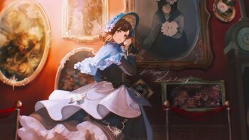 1girl analog_clock arm_at_side art_gallery backlighting bent_over black_bow black_dress black_gloves blue_bonnet blue_cape blue_capelet blue_sailor_collar blue_skirt bonnet bouquet bow brown_eyes brown_hair cape capelet chain chromatic_aberration clock crescent_ornament daffodil dot_nose double_horizontal_stripe dress dress_bow expressionless eyelashes faceless faceless_female floating_hair flower flower_wreath frilled_bonnet frilled_capelet frilled_dress frilled_sleeves frills giving_flower glitter gloves grandfather_clock hand_up happy_birthday hat hat_ribbon head_tilt head_wreath highres holding holding_bouquet holding_flower horizontal-striped_bow indoors lace-trimmed_cape lace_trim leaf long_sleeves looking_at_viewer looking_down minasoko_ni_kage_wo_sagashite_(project_sekai) mitasarenai_pale_color_(project_sekai) neck_ribbon official_alternate_costume outstretched_arm painting_(object) parted_lips picture_frame pink_flower pink_rose pleated_skirt project_sekai puffy_long_sleeves puffy_sleeves purple_flower ribbon rose sailor_collar school_uniform shinonome_ena shirt short_hair skirt solo_focus sparkle_print stanchion standing star_ornament striped_bow surreal swept_bangs symbolism underbust victorian waist_cape white_ribbon white_shirt wide_shot ye_(pixiv4862539) yellow_flower yellow_rose